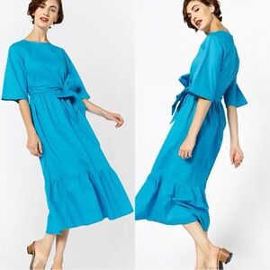 Closet Bright Turquoise Blue Midi Dress with Waist Tie